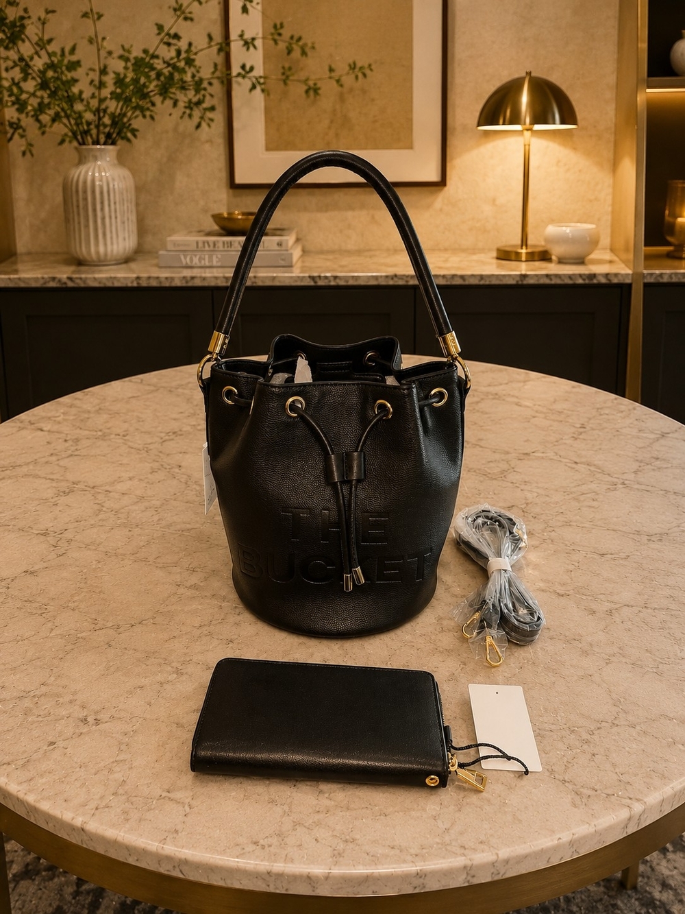 Brand New - Black "THE BUCKET" Drawstring Bag with Matching Wallet